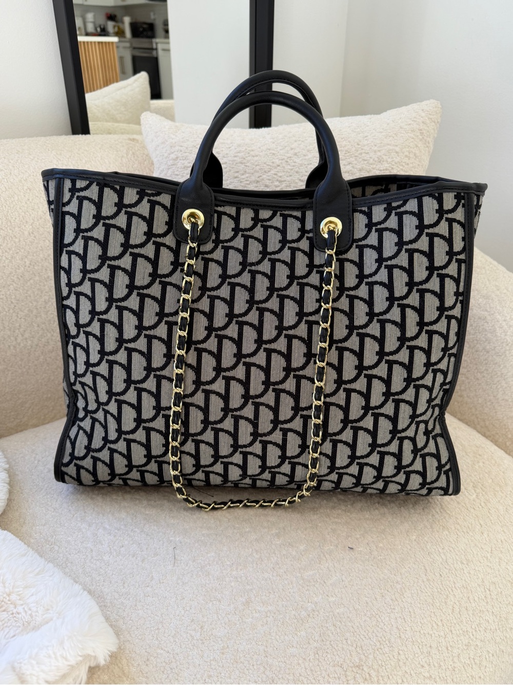 Black Dark Blue and Cream Top handle & Chain Tote with Gold Chain
